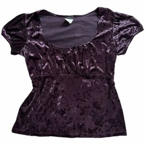 Y2K Purple Crushed Velvet Floral Top Babydoll Fairycore 90s Mall Goth